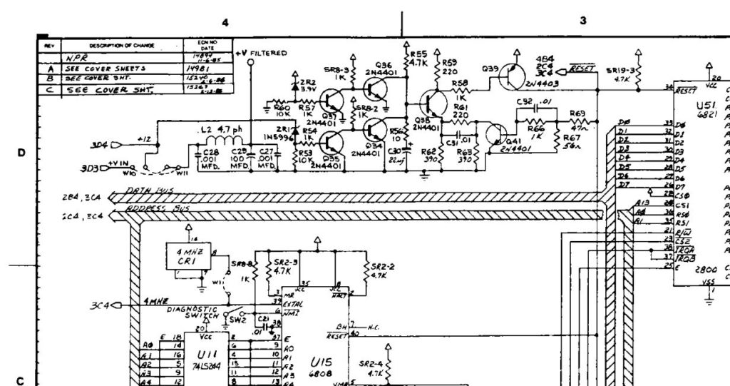Williams pinball ball and shuffle alley System 11 RESET circuit schematic.